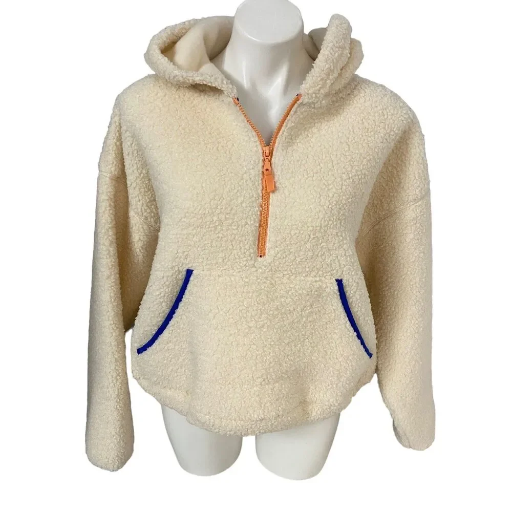 Wild Fable Sherpa Jacket Womens Medium Hooded Cream Pocket Zip Cozy Pullover - Picture 8 of 16